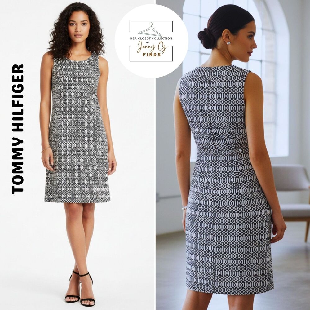 Tommy Hilfiger Black White Geometric Print Shift Sleeveless Dress Size10 NWOT